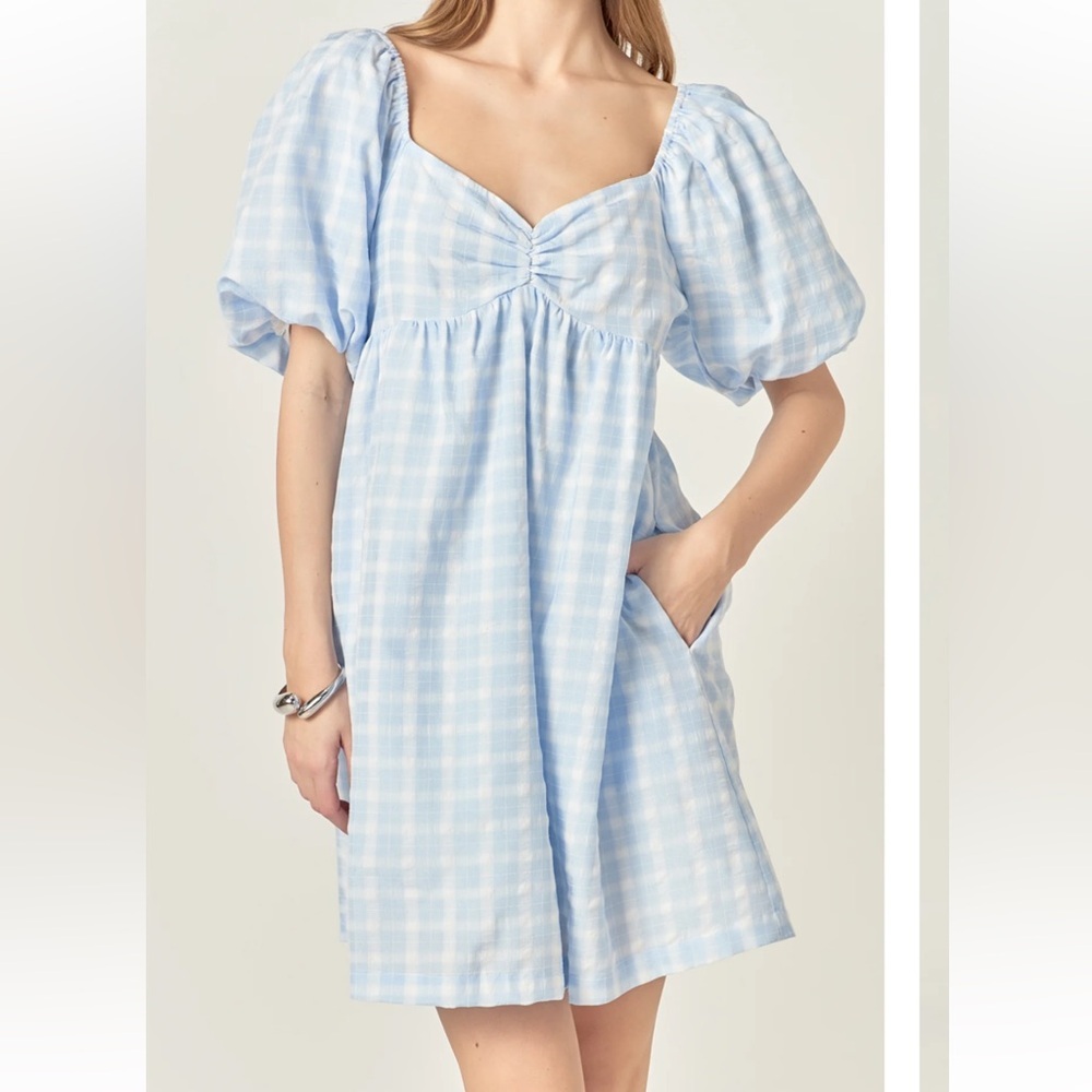 NWT English Factory Blue Gingham Linen Sweetheart Baby Doll Dress Sz S